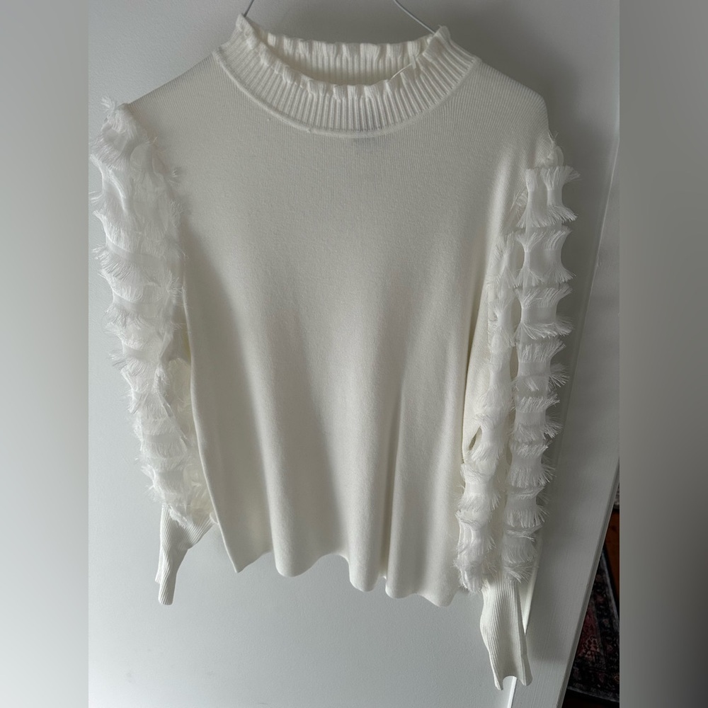NWT White Sioni Fringe Trim Statement Sleeves Sweater Blouse - Picture 3 of 9